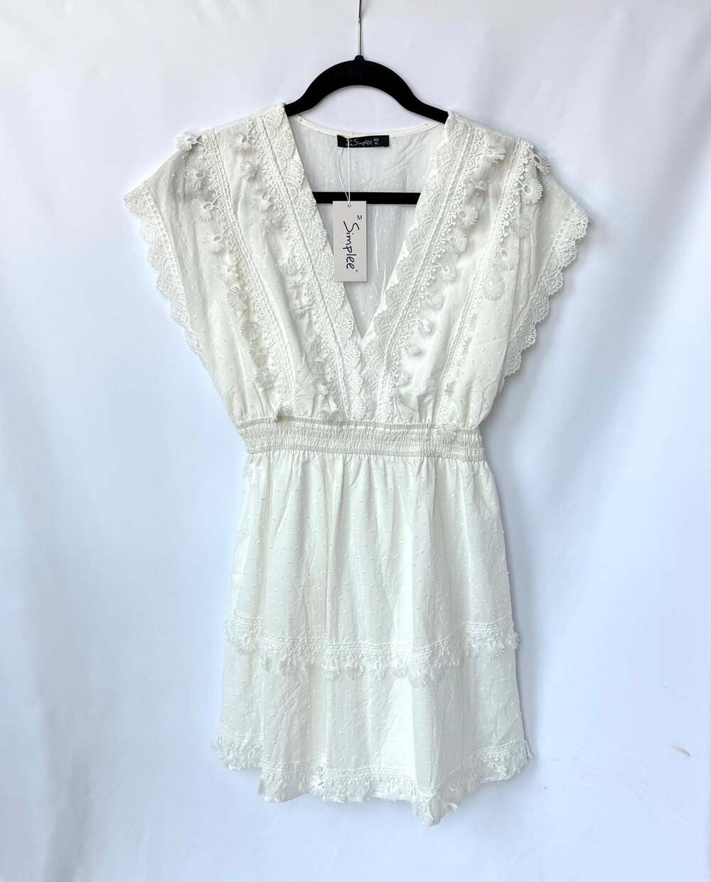 Simplee Womens M Ivory Lace Floral Embroidered Mini Dress Boho Cottagecore NWT